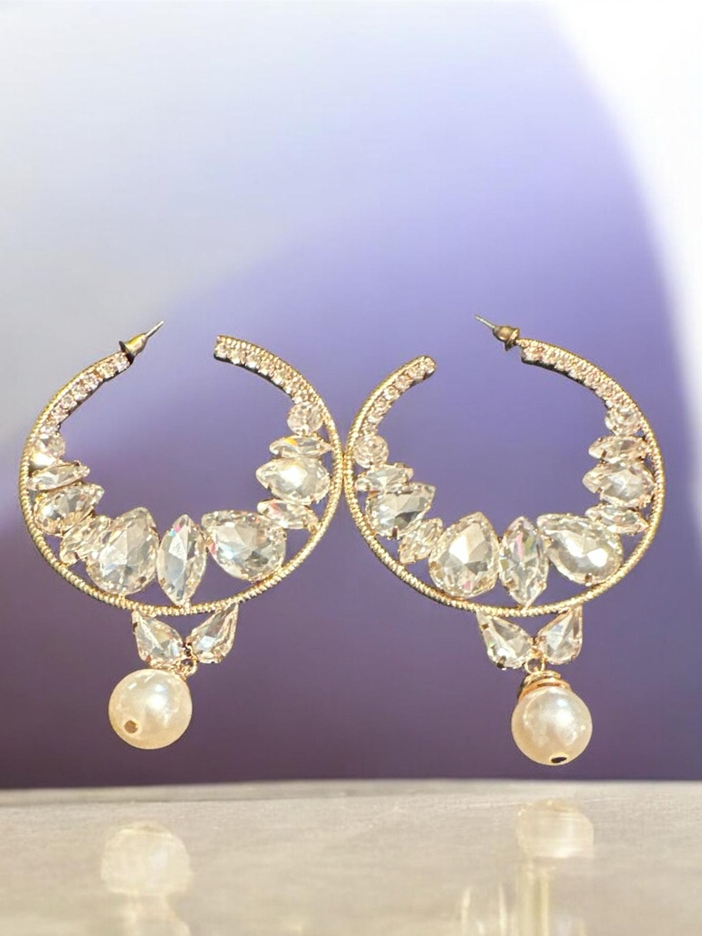 Gold Crystal Hoop Earrings with Pearl Drop